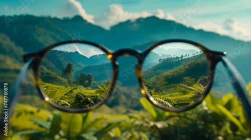 A Glasses in Front Of Hills Mountains, Hills and Mountains Background, Generative Ai © Jaunali