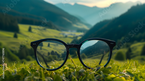 A Glasses in Front Of Hills Mountains, Hills and Mountains Background, Generative Ai