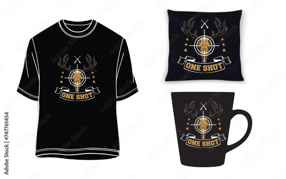 One shot- hunting t-shirt design, mug and pillow. One shot- hunting t-shirt design, mug and pillow.