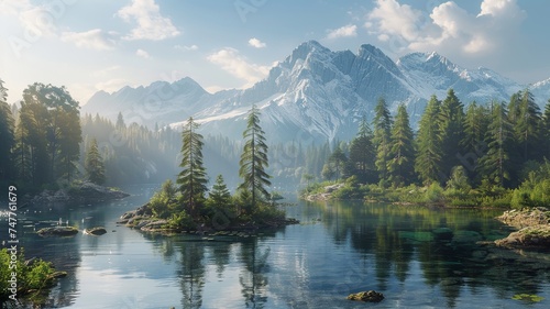 Tranquil dawn at a mountain lake reflecting snowy peaks and serene forest