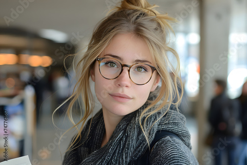  photo of an attractive woman doing homework at the library, glasses, candid photo