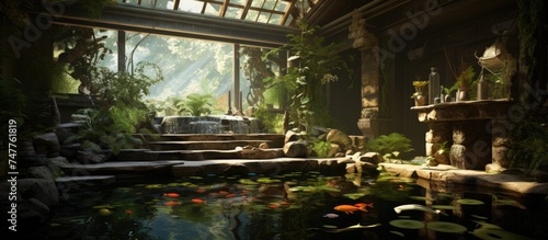 A room bursting with green plants of various sizes and shapes, surrounding an indoor fish pond. The water in the pond reflects the vibrant foliage, creating a serene and refreshing atmosphere.