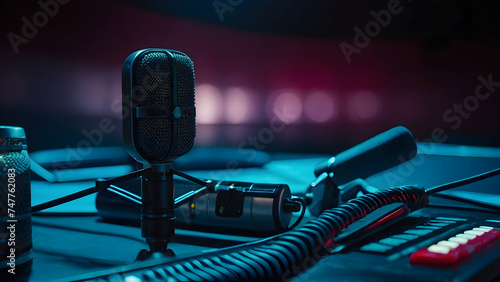 Modern microphone and midi keyboard on a background of blue neon lighting and smoke. Concert, music, nightclub, restaurant. There are no people in the photo. Close-up.blur background. 