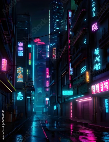 Dark street in cyberpunk city at night, buildings with neon lights Generative AI © Burhan