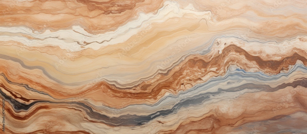 A painting showcasing a swirl of brown, blue, and white colors. The colors blend seamlessly on the canvas, creating a mesmerizing whirlpool effect that draws viewers in.