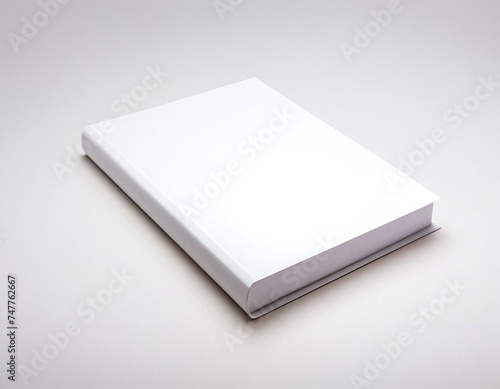 Minimalistic image of a closed book with a plain white cover resting on a light gray surface, emphasizing simplicity and potential for creativity. photo