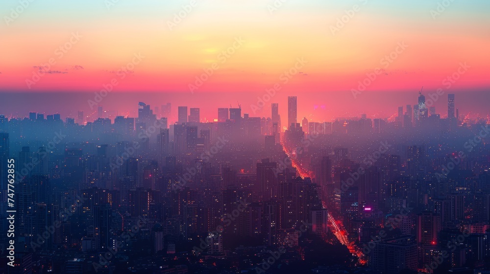 Obraz premium Urban Twilight, A Symphony of Lights and Colors in Metropolis Skies