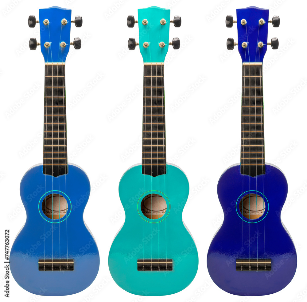 Obraz premium Assorted colors Ukulele isolated on white background, Red Ukulele on White Background PNG File.