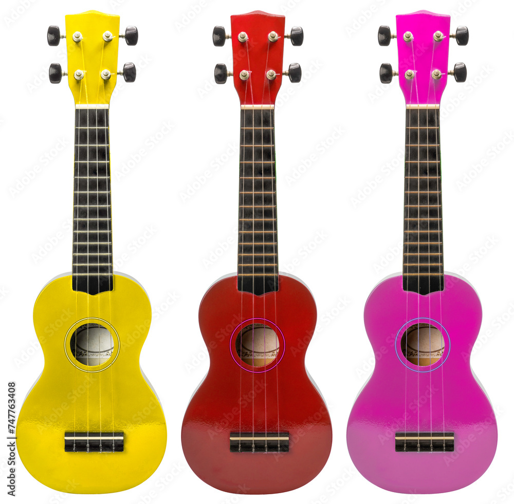 Obraz premium Assorted colors Ukulele isolated on white background, Red Ukulele on White Background PNG File.