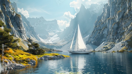 Summer sailboat journey on alpine lake amidst majestic mountains