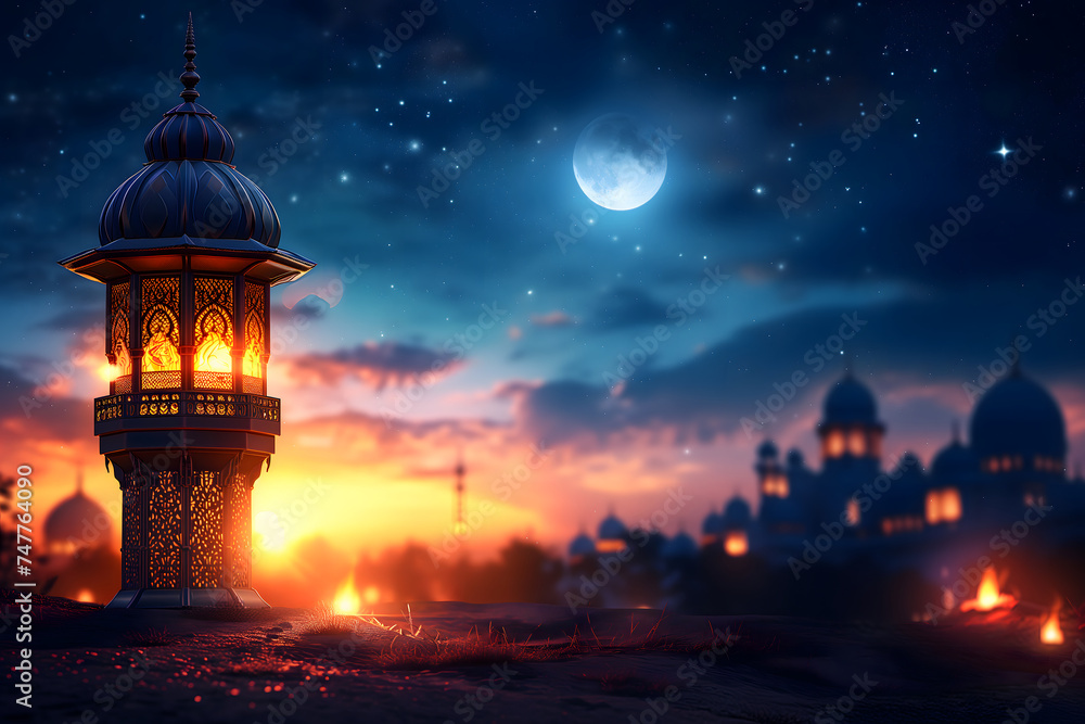 fanous Ramadan lanterns at night with moon and mosque in the background fanous Ramadan lanterns at night with moon and mosque in the background