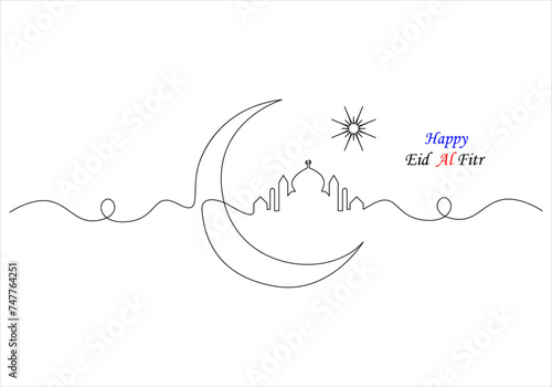 Continuous one line drawing of eid al fitr out line vector art illustration
 