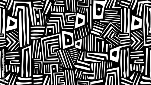 Seamless whimsical abstract hand drawn playful geometric polygon stripe doodle pattern. Trendy black and white diamond geode landscape line art drawing repeating background. Simple monochrome motif.