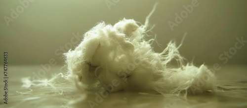 A collection of soft, white cotton plant fluff sits atop a wooden table, creating a fluffy pile. The fluff appears to be light and airy, covering the surface of the table.