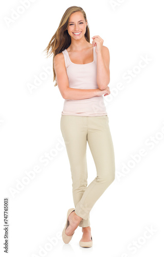 Fashion, portrait or happy woman in studio with style, confidence or positive attitude on white background. Smile, clothes or cheerful female model posing in cool, trendy or comfortable outfit choice © Arcurs Corp/peopleimages.com