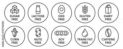 Set allergen free icons. Allergen free products. Products warning symbols. Lactose free, gluten free, sugar free, corn free, egg free, trans fat free, soy free, nuts free, coffeine free sign.