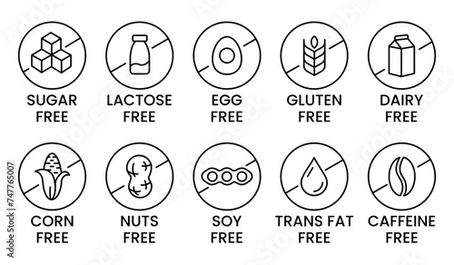 Set allergen free icons. Allergen free products. Products warning symbols. Lactose free, gluten free, sugar free, corn free, egg free, trans fat free, soy free, nuts free, coffeine free sign.