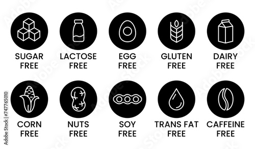 Set allergen free icons. Allergen free products. Products warning symbols. Lactose free, gluten free, sugar free, corn free, egg free, trans fat free, soy free, nuts free, coffeine free sign.