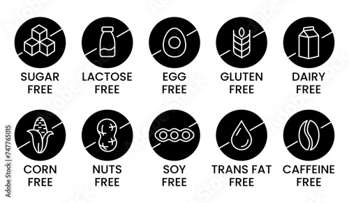 Set allergen free icons. Allergen free products. Products warning symbols. Lactose free, gluten free, sugar free, corn free, egg free, trans fat free, soy free, nuts free, coffeine free sign.