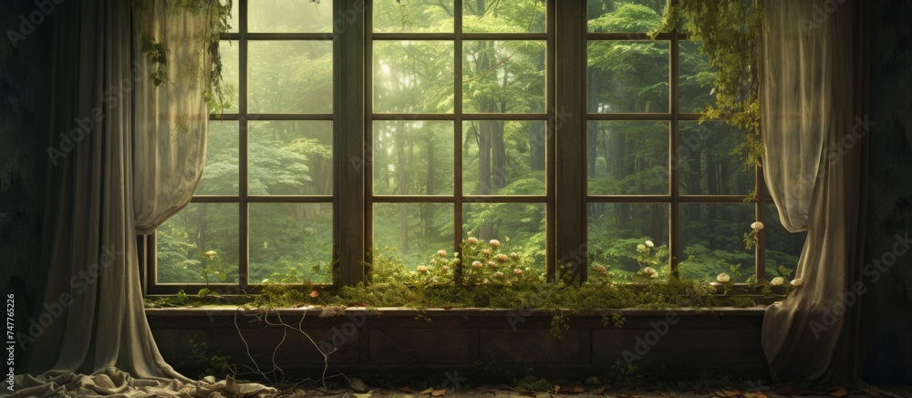 Fototapeta premium A room with a large window where vines are seen growing out, intertwining with the curtain and creeping towards the sunlight streaming in. The greenery adds a touch of nature to the indoor space.