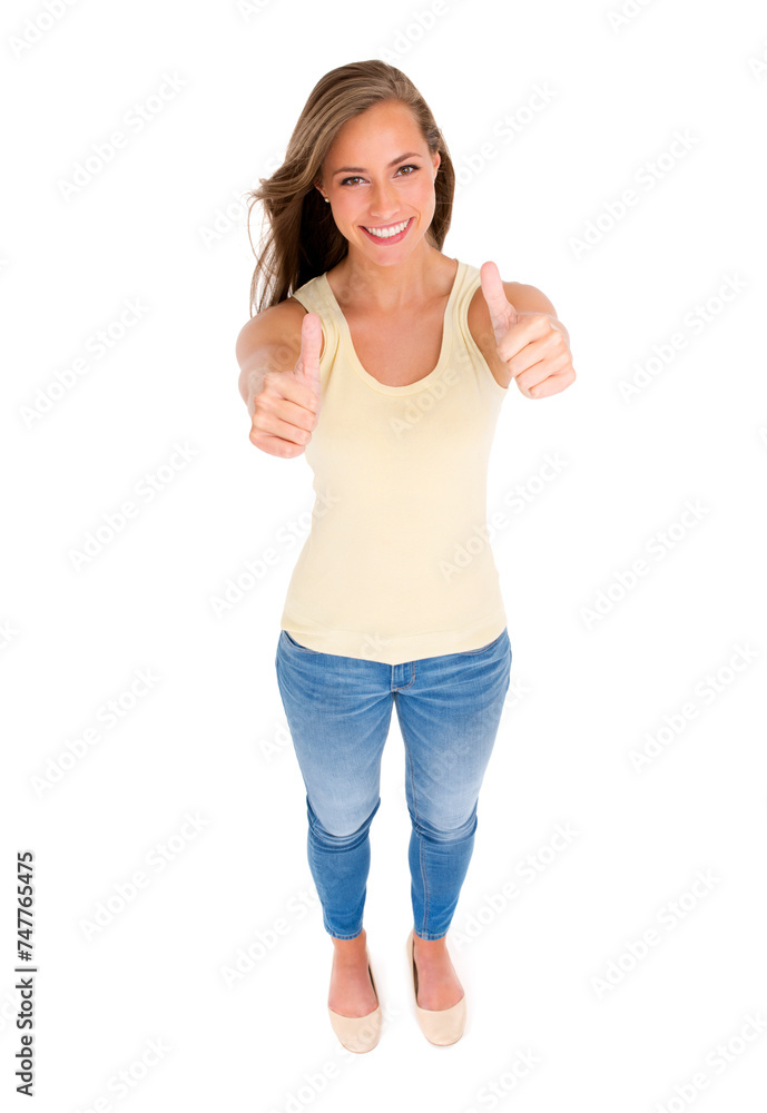 Fototapeta premium Thumbs up, smile and woman for motivation, success or approval in studio with isolated white background. Top view, hand gesture and female person for agreement, like emoji and yes sign on mockup.