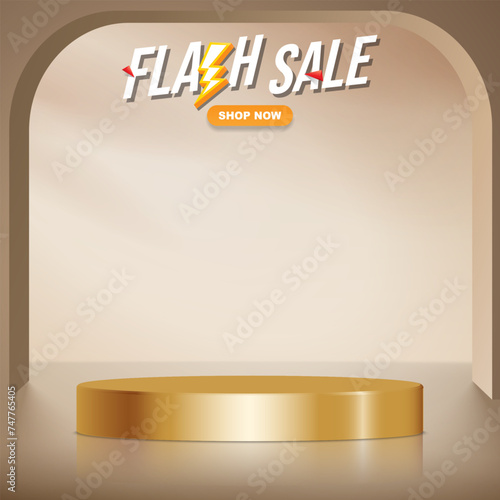 flash sale template banner with blank space 3d podium for product sale with abstract gradient brown and white background design