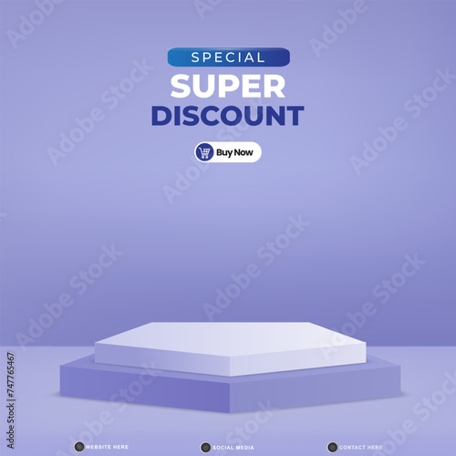 special super discount template banner with 3d podium for product sale with abstract gradient blue background design