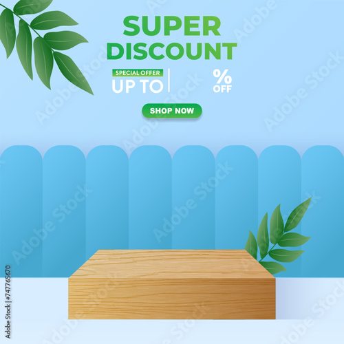 super discount sale template banner with blank space 3d podium for product sale with abstract gradient blue and green background design