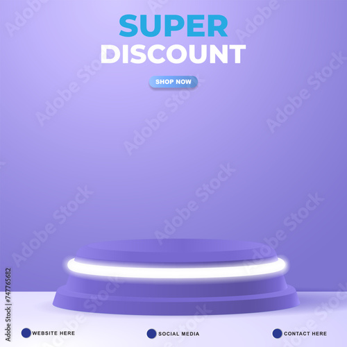 super discount sale template banner with blank space 3d podium for product sale with abstract gradient blue and white background design