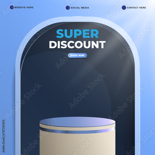 super discount sale template banner with blank space 3d podium for product sale with abstract gradient blue background design