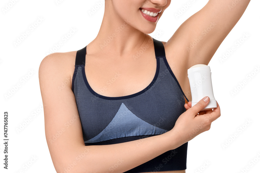 Woman applying deodorant on white background, closeup Woman applying deodorant on white background, closeup