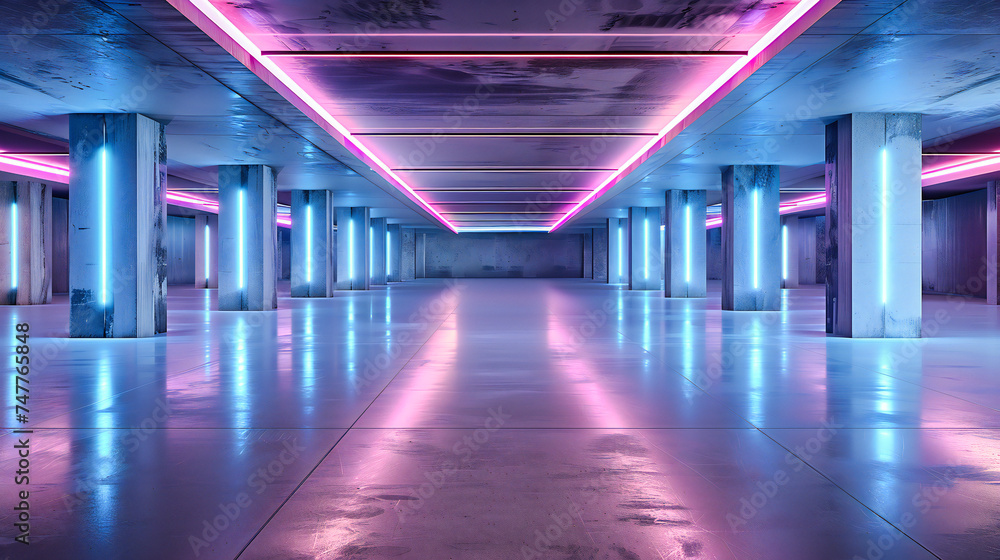 Vibrant Neon Lights in a Futuristic Corridor, Abstract Space with Glowing Lines and Architectural Design