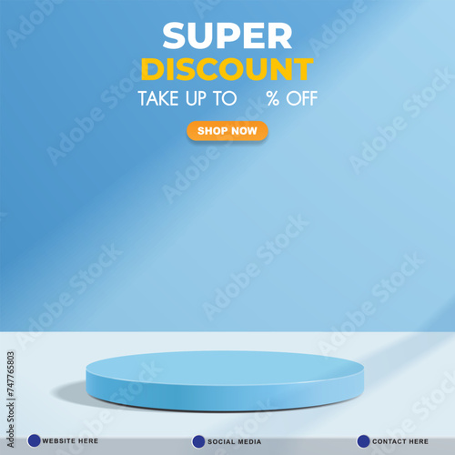 super discount sale template banner with copy space 3d podium for product sale with abstract gradient blue and white background design