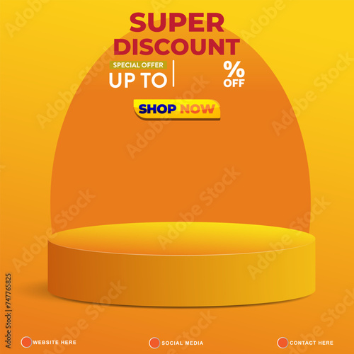 super discount sale template banner with copy space 3d podium for product sale with abstract gradient orange and yellow background design