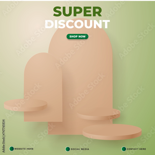 super discount sale template banner with copy space 3d podium for product sale with abstract gradient green and white background design
