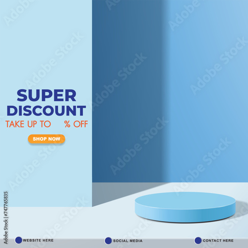 super discount sale template banner with copy space 3d podium for product sale with abstract gradient blue and white background design