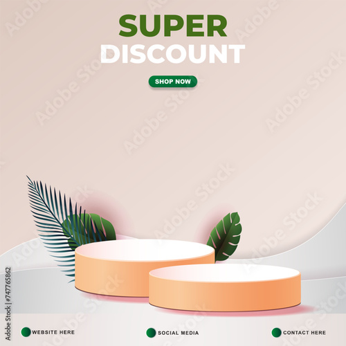 super discount sale template banner with copy space 3d podium for product sale with abstract gradient pink background design
