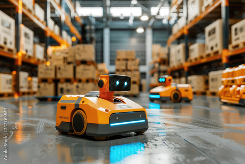 Smart box-mover robots carry box in the warehouse, IOT connected to the internet network in Distribution Logistics Center © Kien
