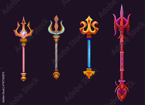 Magic tridents set isolated on black background. Vector cartoon illustration of golden spear forks decorated with gemstones, game rank asset, poseidon power symbol, nautical weapon, ui design elements