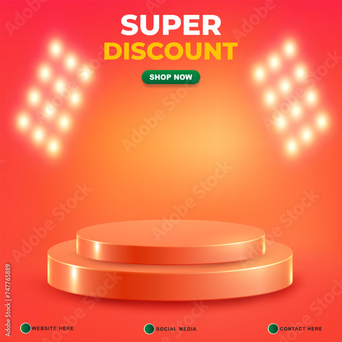 super discount sale template banner with copy space 3d podium for product sale with abstract gradient orange background design