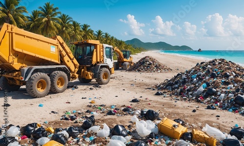 Excavators Cleaning Polluted Tropical Beach photo