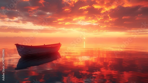 Solitary boat on a calm sea under a mesmerizing dawn sky reflecting on tranquil waters © sopiangraphics