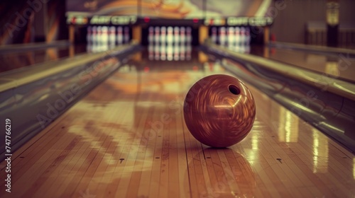 A bowling ball sits atop a polished wooden lane at a bowling alley, ready to be thrown towards the pins photo