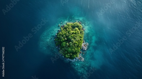 A small island located in the middle of the vast ocean, isolated from any landmass, with waves breaking against its shores © tashechka