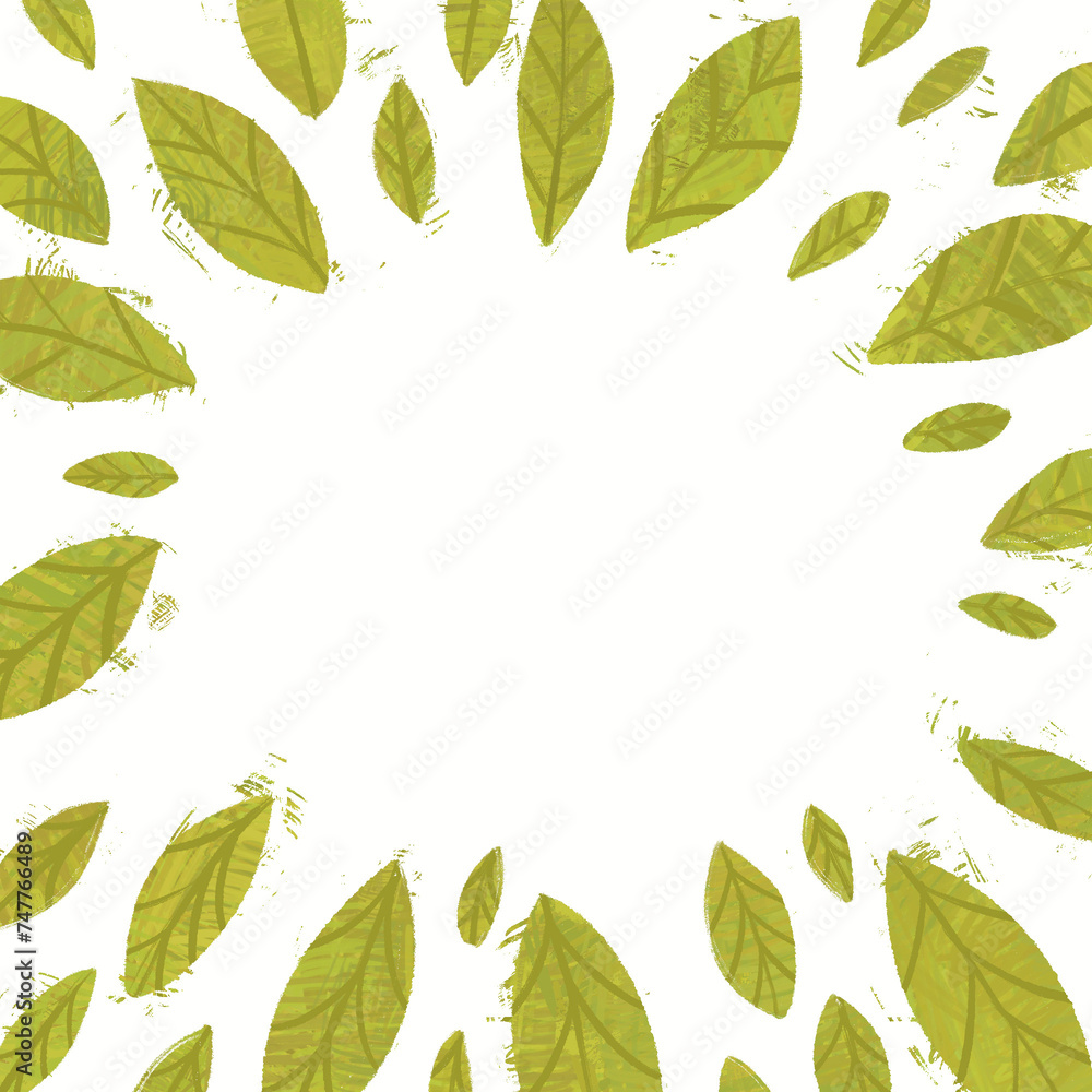 Ilustración marco hojas verdes de árbol en el centro y fondo blanco, día de la primavera 21 de marzo comienzo de la primavera, marco decorativo de hojas de árbol verdes naturaleza