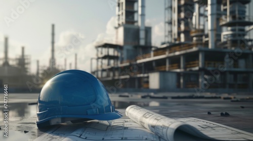 A blue hard hat placed on a piece of paper, symbolizing construction or planning activities