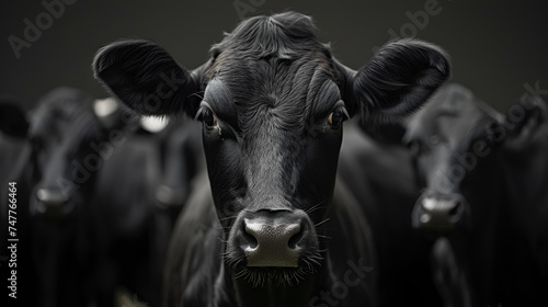 Black cows with white spots isolated on black background. generative ai