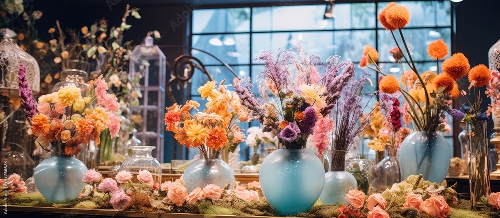 Various vases filled with beautiful artificial flowers are arranged neatly on a wooden table.
