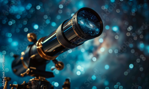 Photo of a telescope, that has reflection of space galaxy in lense