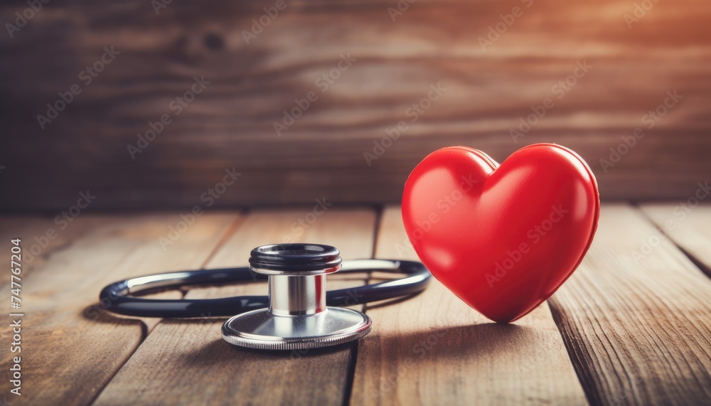 a red heart with a stethoscope on a wooden table a red heart with a stethoscope on a wooden table